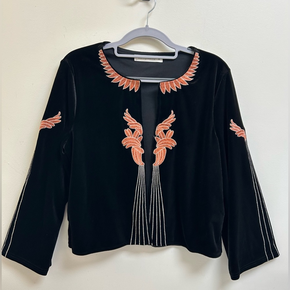 Black Velvet-Style Embroidered Blazer – Boho Open Front Top